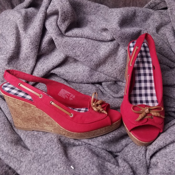 Red Wedge Sling Back Heels size 8.5 - Picture 2 of 8